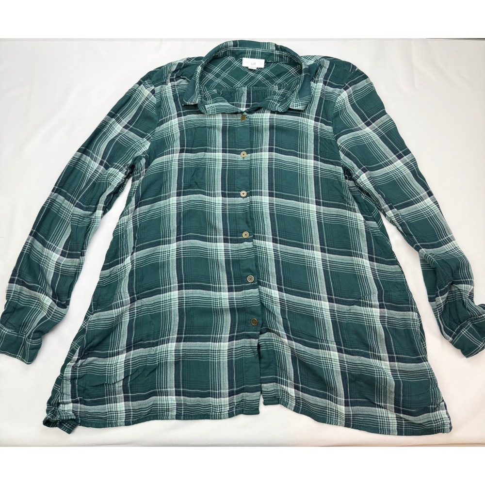 J. Jill Green Plaid Button Down Tunic Top Long Sleeve WITH POCKETS Women MP